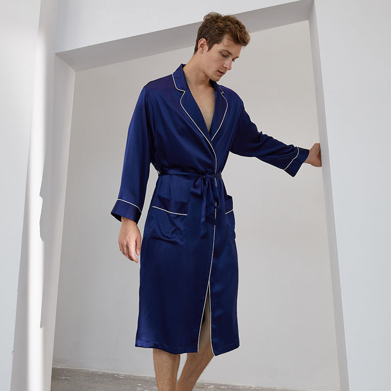 19 Momme Mulberry Silk Navy Blue Men's Long Sleeve Robe