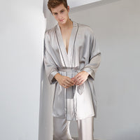 19 Momme Mulberry Silk Men's Long Sleeve Trousers Robe Set