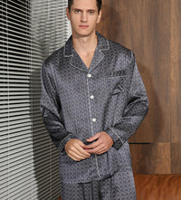 19 Momme Mulberry Silk Men's Dark Grey Printed Long Sleeve Pajamas Set