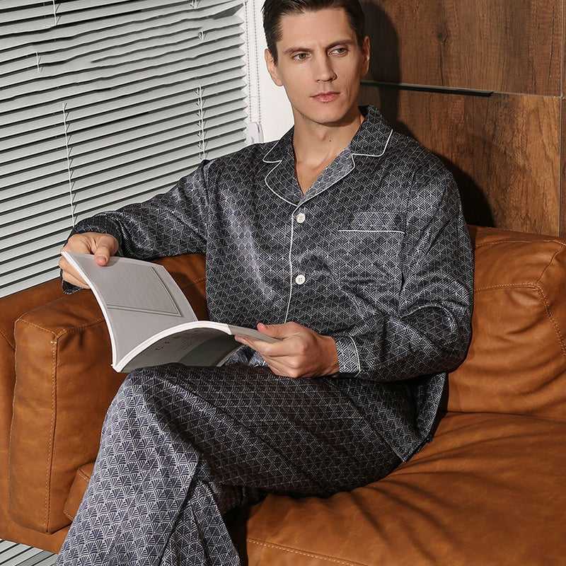 19 Momme Mulberry Silk Men's Dark Grey Printed Long Sleeve Pajamas Set