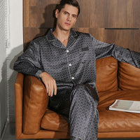 19 Momme Mulberry Silk Men's Dark Grey Printed Long Sleeve Pajamas Set