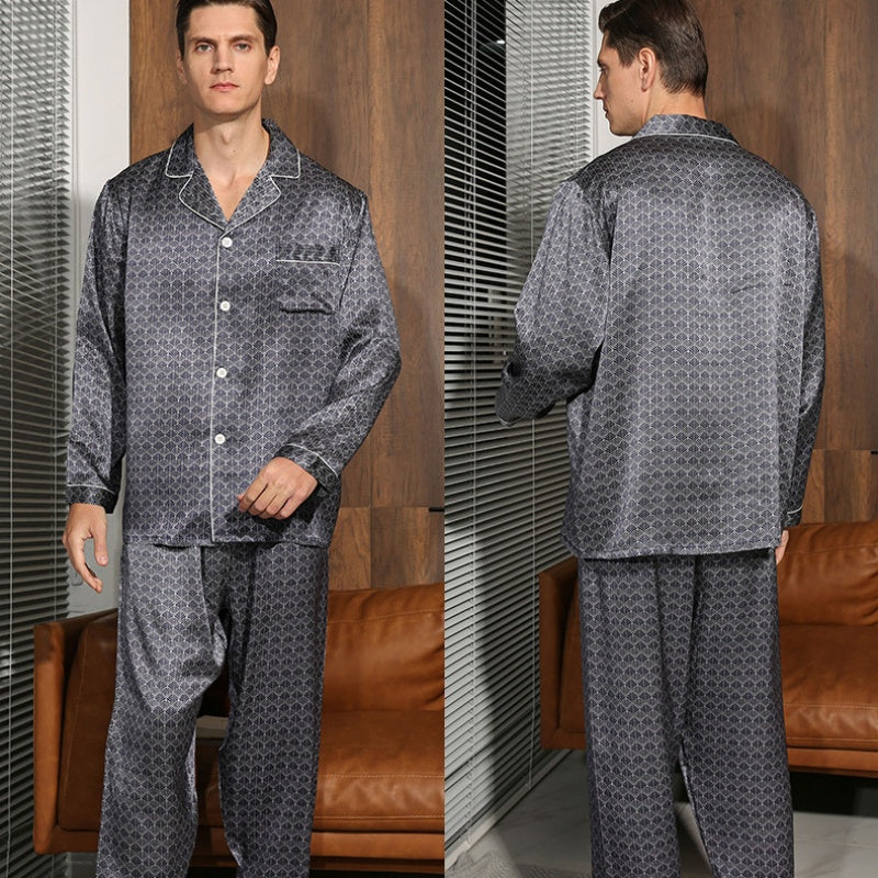 19 Momme Mulberry Silk Men's Dark Grey Printed Long Sleeve Pajamas Set