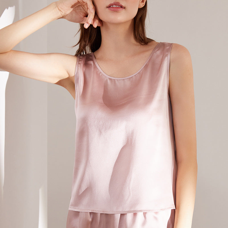 Pink Silk Tank Top Shorts Suit Summer Sleeveless Shirt