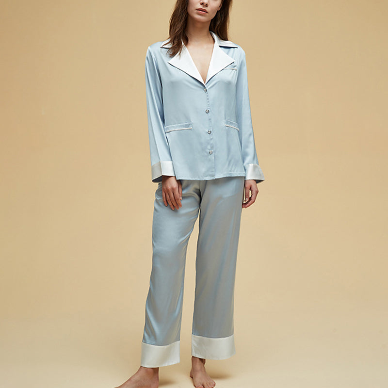 Color Block Notched Collar Pajama Set