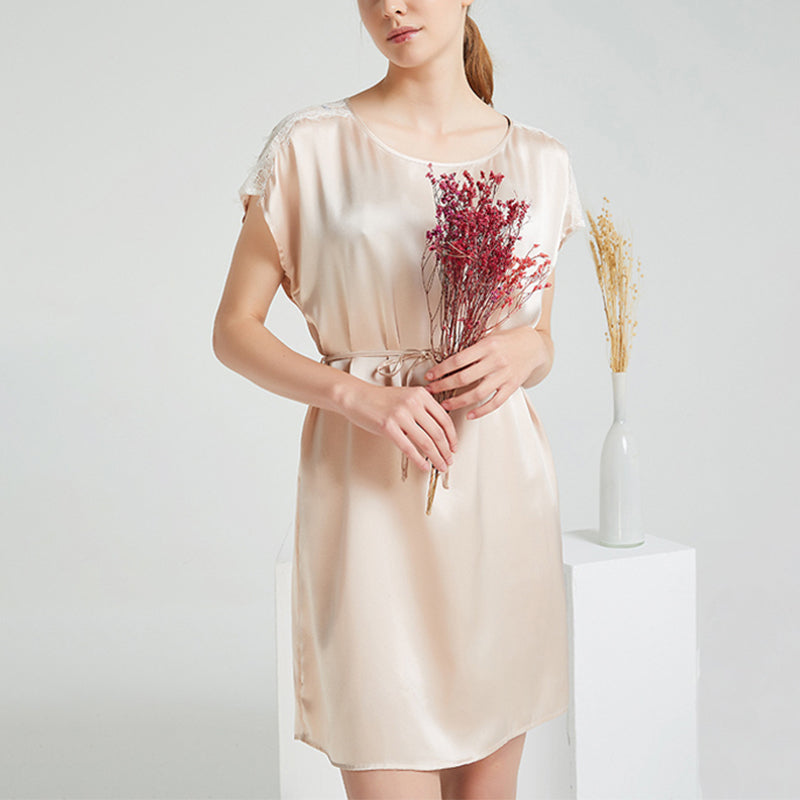 Apricot Round Neck Silk Nightdress with Lace Detail