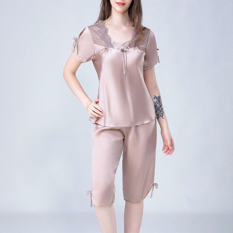 Square Neck Silk Pajamas with Sher Lace Detail