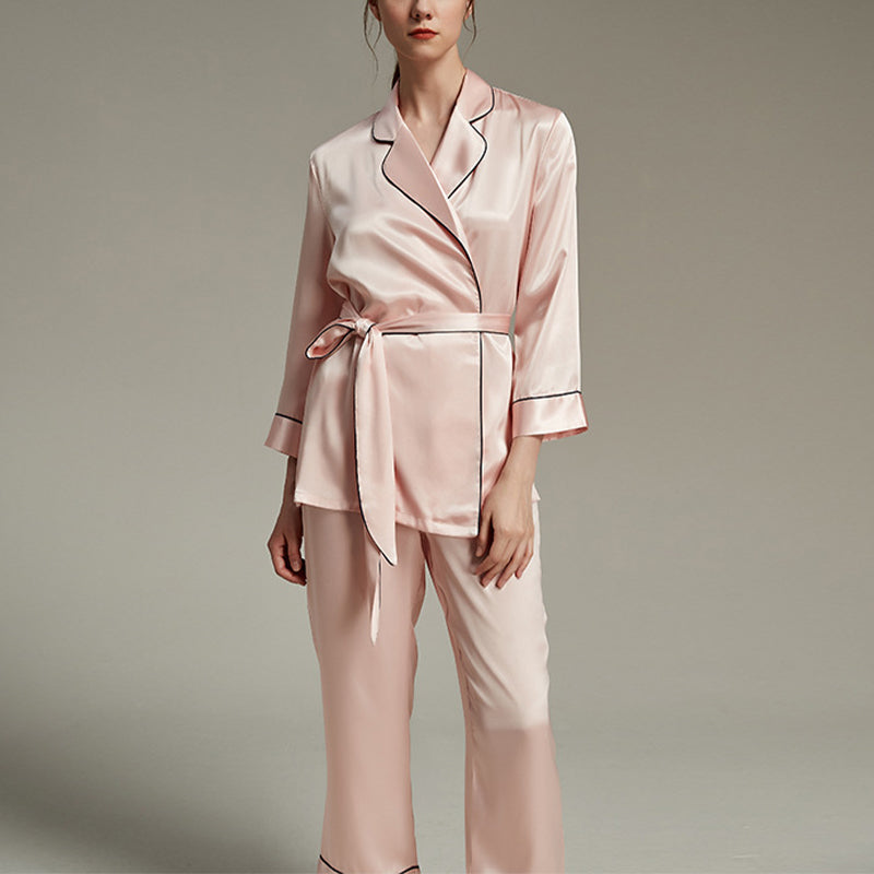 Pink Trimmed Notched Collar Pajama Set