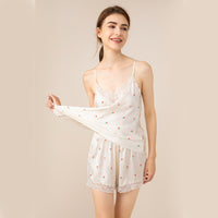 19 Momme Mulberry Silk Cherry Printed Lace Camisole Shorts Pajama Set