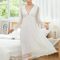 White V Neck Mesh Long Sleeves Nightgown