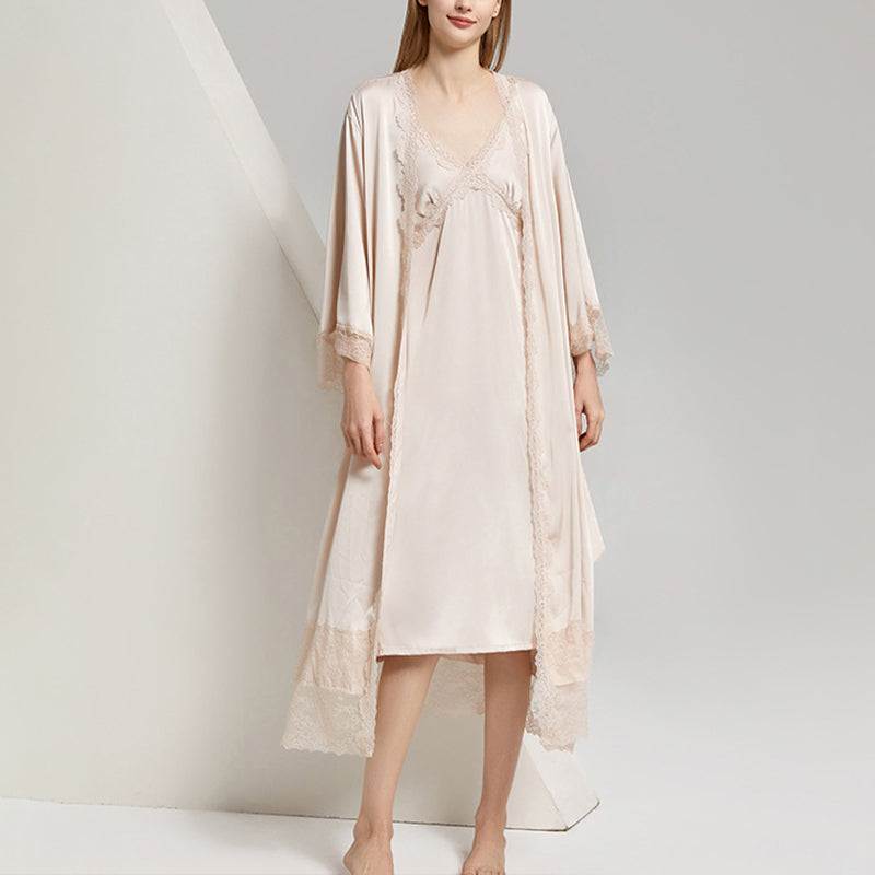 Champagne Satin Nightdress and Robe Set with Lace Trim