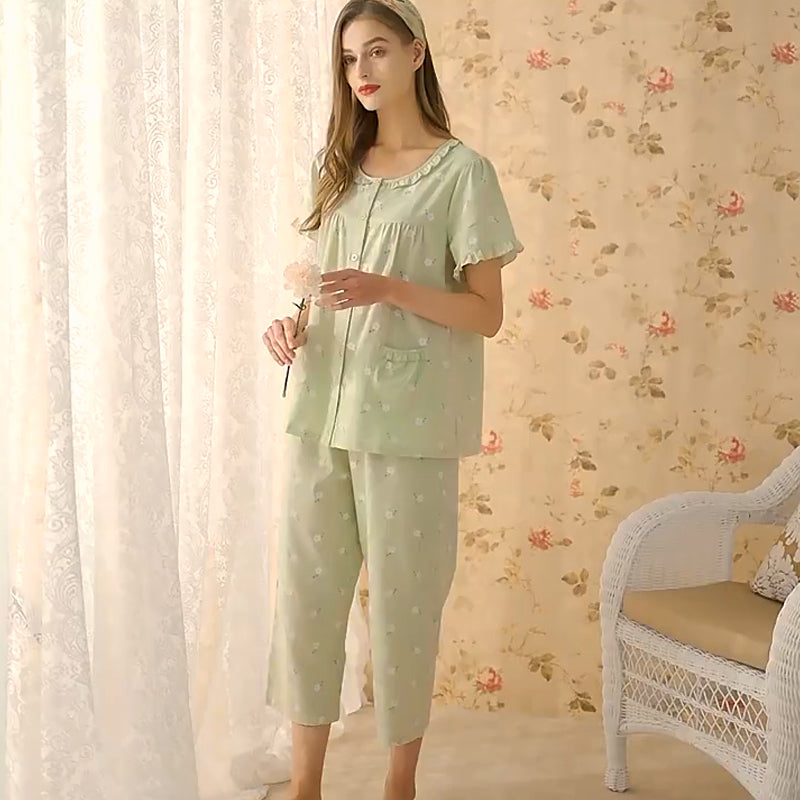 Green Women's Casual Lace Collar Pajamas