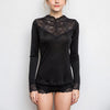 Black Stand Collar Silk Shirt with Lace Detail