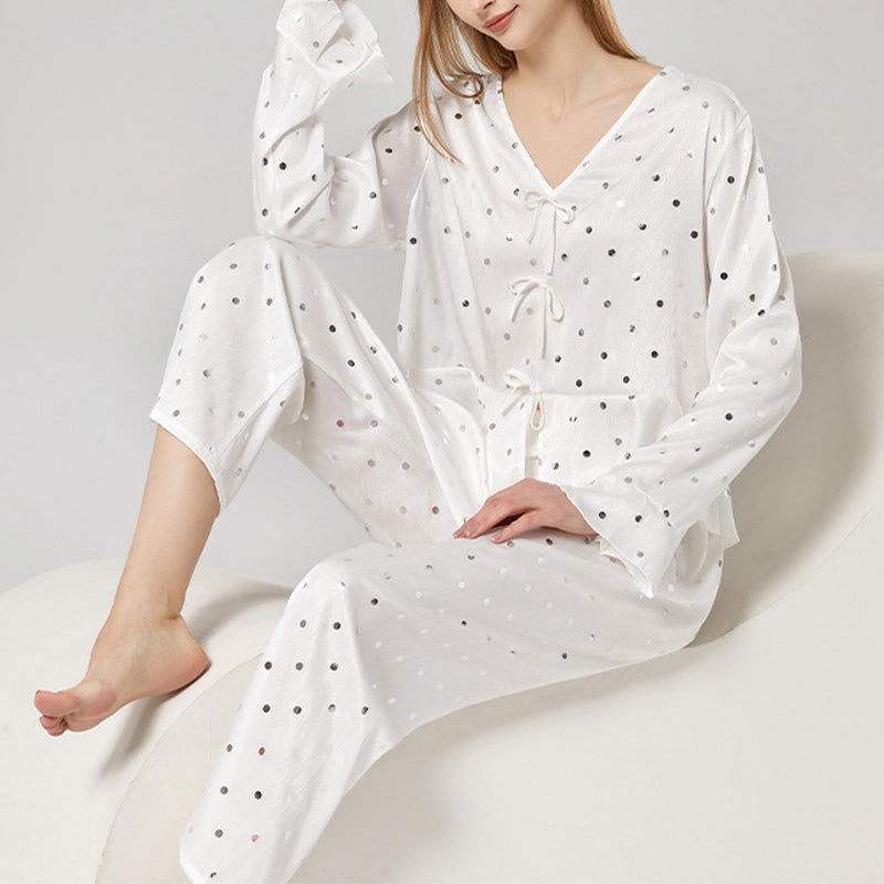 White Polka Dots Print Pajama Set