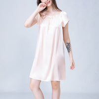 Flower Embroidered Tie Collar Silk Nightdress