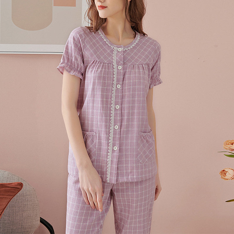 Purple Round Neck Check Print Pajama Set