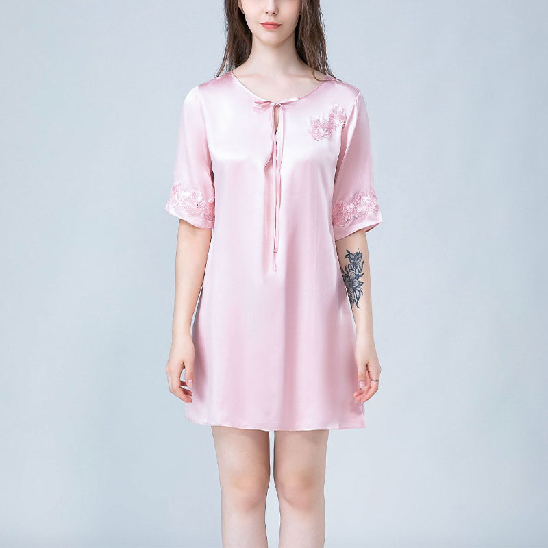 Stitch Embroidery Half Sleeves Silk Nightdress