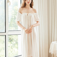 White Boat Neck Lace-up Cotton Dress