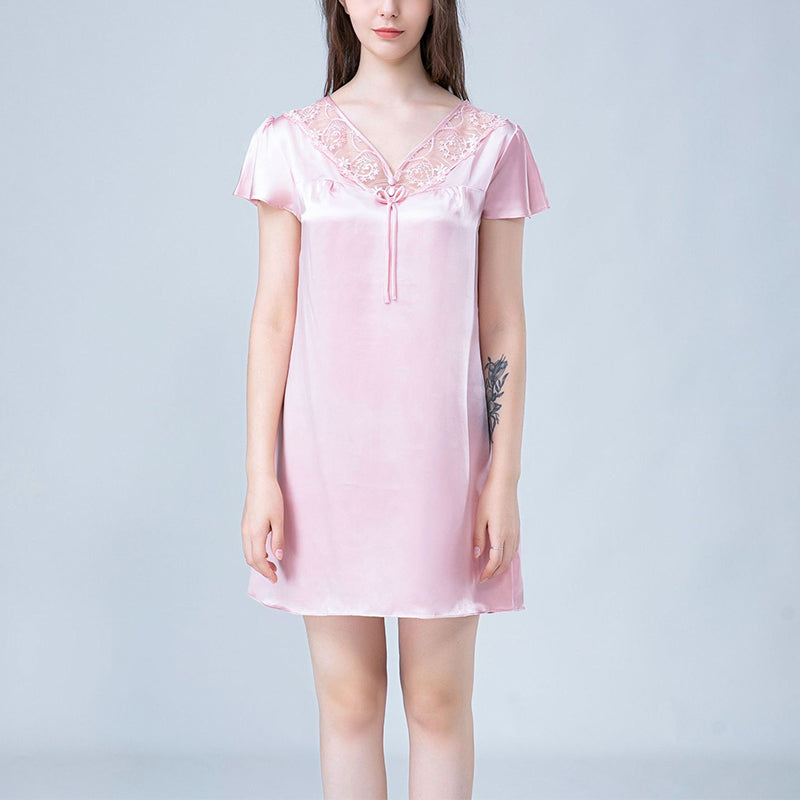 V Neck Hollow Out Lace Silk Nightdress