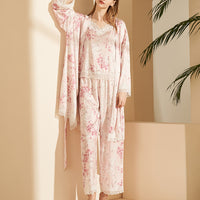 Pink Floral Printed Robe Set with Lace Detail