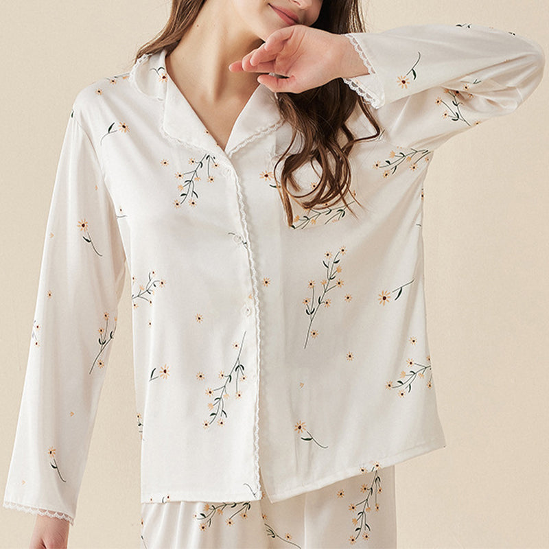 Flowers Printed Lace Trimmed Pajama Set