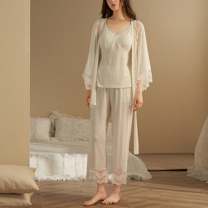 White Lace Detailed 3-Piece Pajama Set