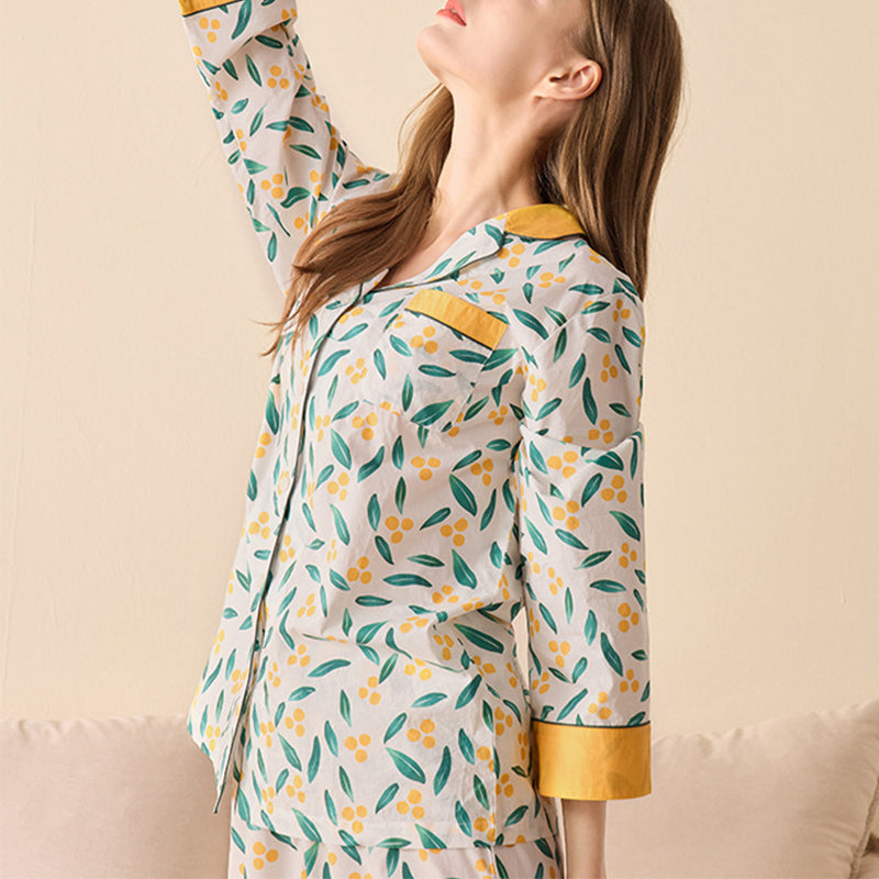 Leaves Printed Trimmed Pajama Set