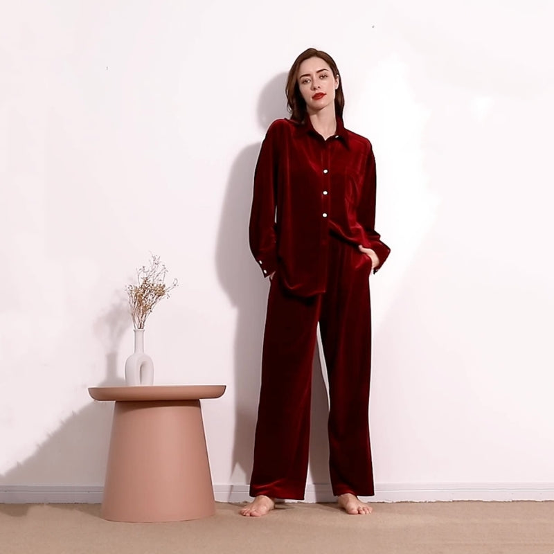 16 Momme Mulberry Silk Backing Cloth Pleuche Long Sleeve Trousers Pajamas Set