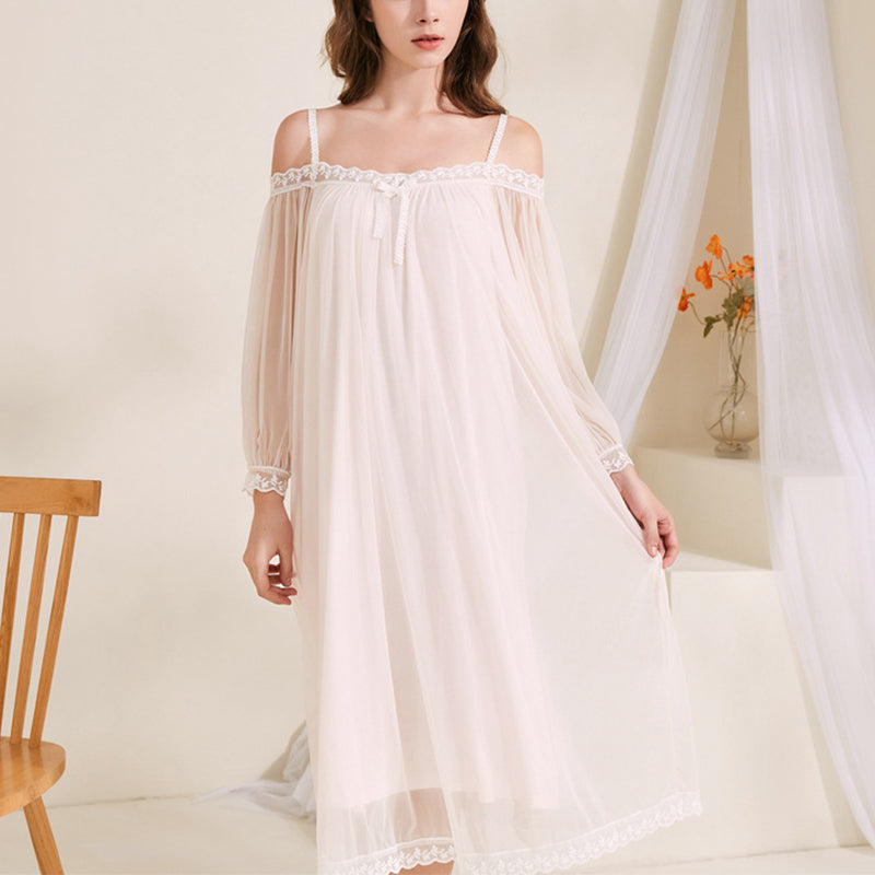 White Off-the-shouler Mesh Long Sleeves Nightgown