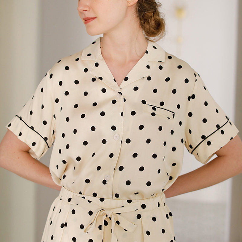 Beige Polka Dots Print Short Sleeved Pajama Set