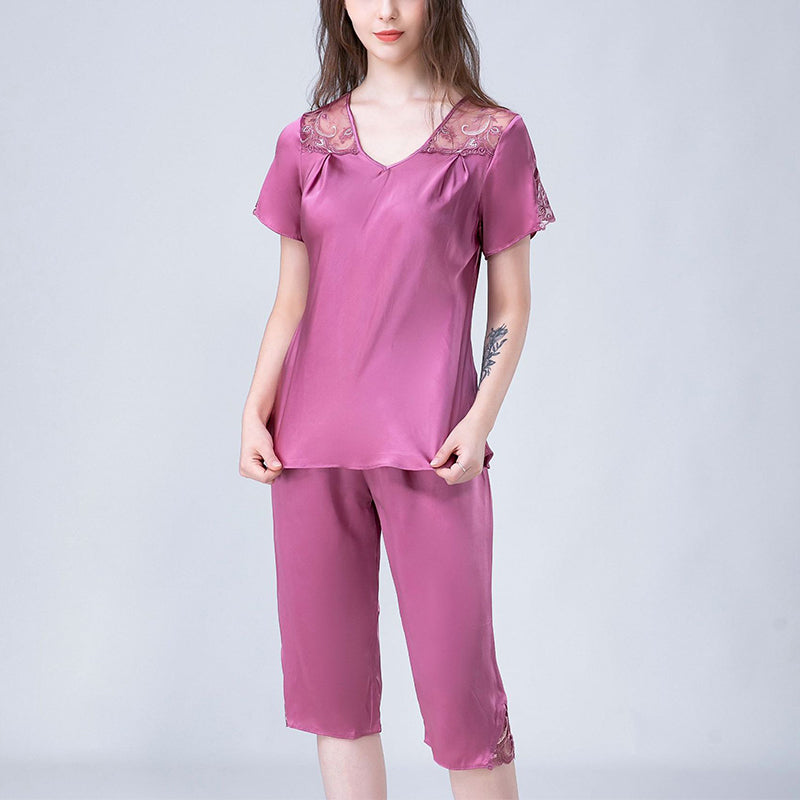 V-Neck Silk Pajamas with Hollow Out Lace Detail