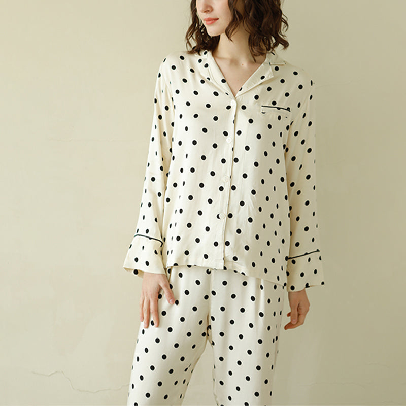 Beige Polka Dots Print Long Sleeved Pajama Set