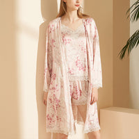 Pink Floral Printed Pajama Set with Lace Detail