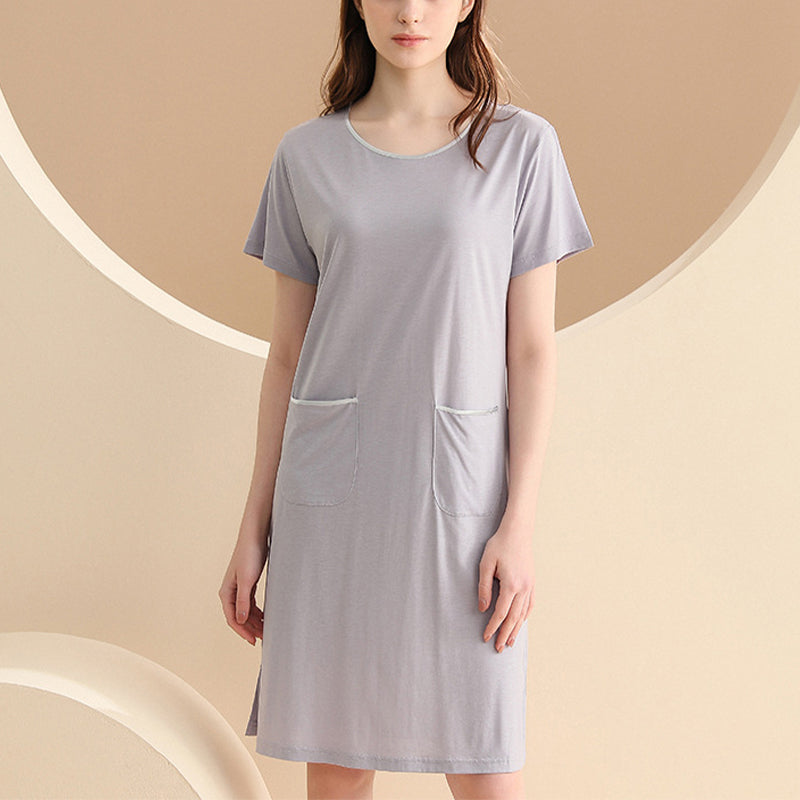 Round Neck Short Sleeved Sleepdress with Pockets