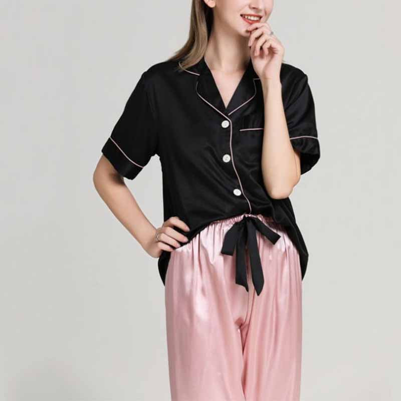 Black Short Sleeves Pajama with Pink Pants