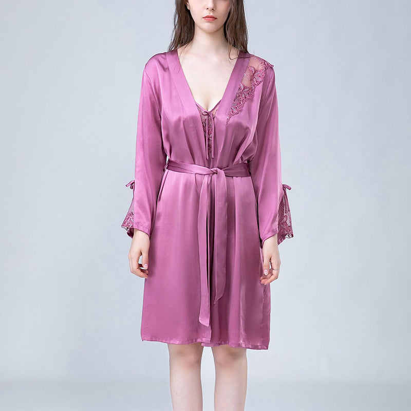 Floral Hollow Out Lace Nightdress and Robe Set