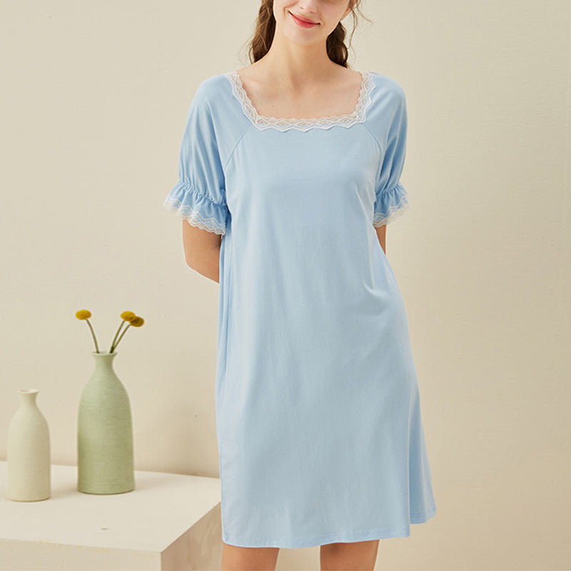 Blue Square Neck Short Sleeves Sleepdress