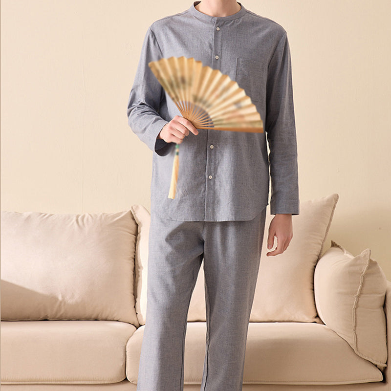 Men's Solid Color Stand Collar Pure Cotton Pajamas Set