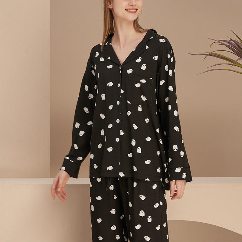 Cute Black Ghost Print Pajama Set
