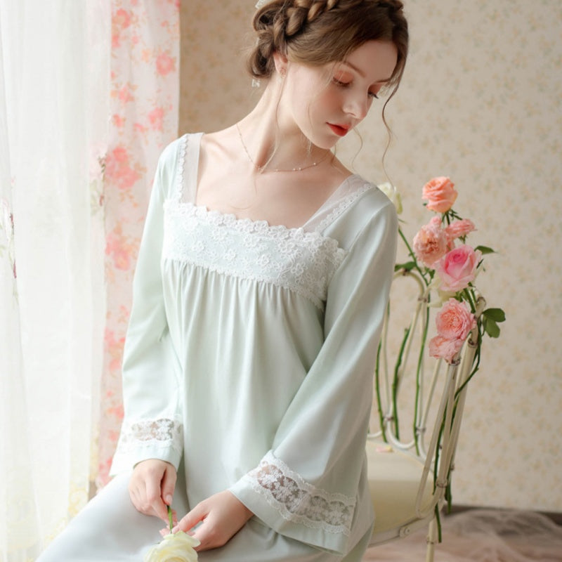 Vintage Lace Square Collar Long-Sleeved Nightdress