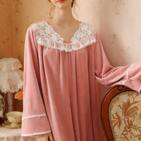 Cute Lace Warm Velvet Long Sleeve Nightdress