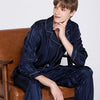 19 Momme Mulberry Silk Vertical Bar Dark Grain Men's Long Sleeve Pajamas Set