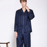 19 Momme Mulberry Silk Vertical Bar Dark Grain Men's Long Sleeve Pajamas Set