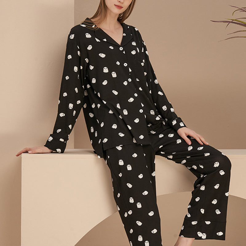 Cute Black Ghost Print Pajama Set