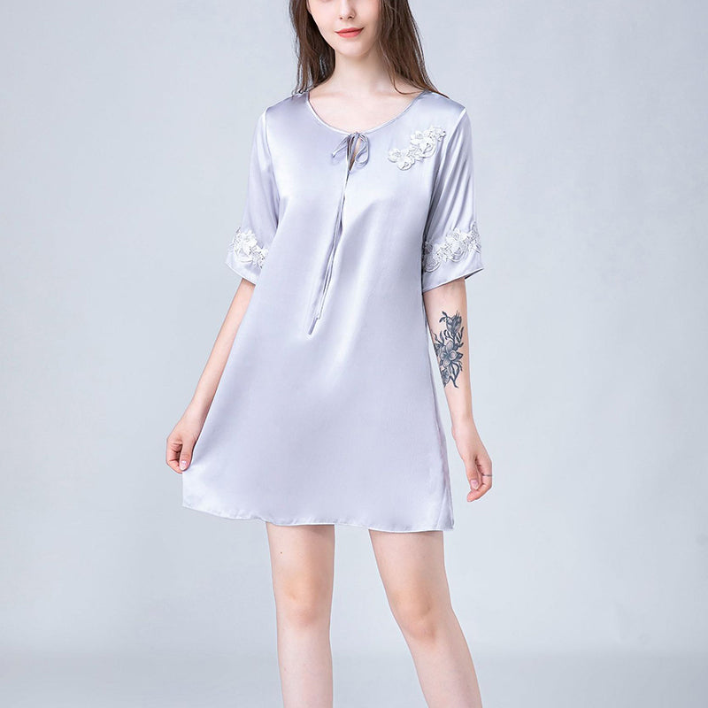 Stitch Embroidery Half Sleeves Silk Nightdress