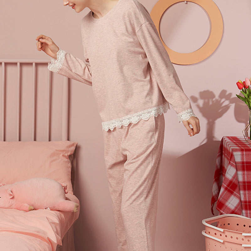 Pink Round Neck Pajama Set with Lace Trim