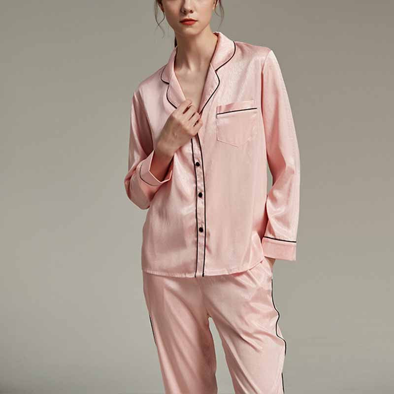 Classic Trimmed Satin Long Sleeves Pajama Set