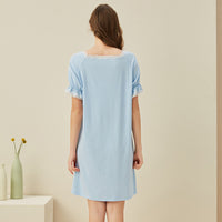 Blue Square Neck Short Sleeves Sleepdress