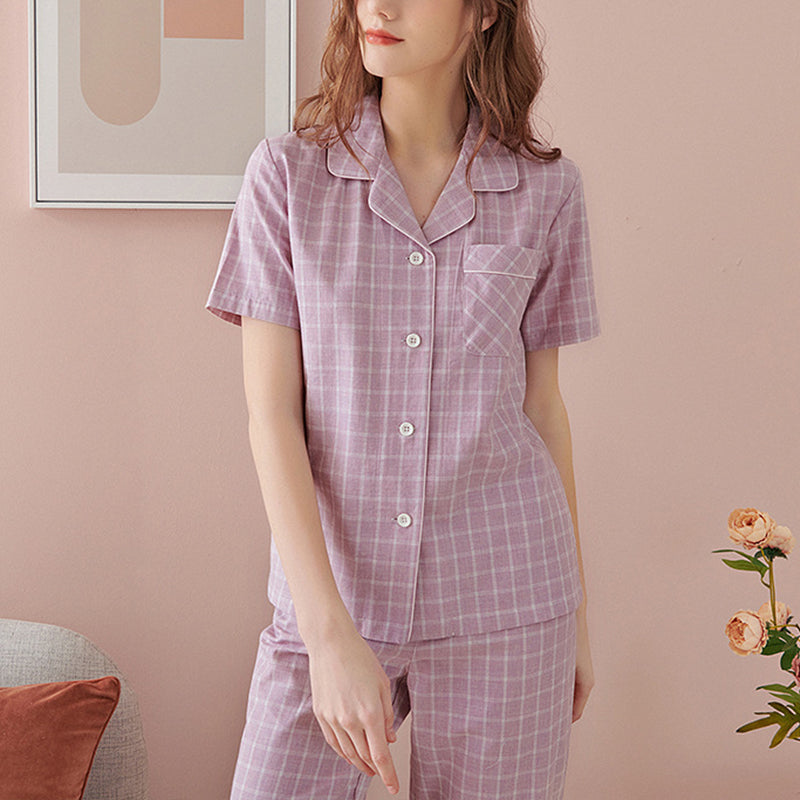 Purple Round Neck Check Print Pajama Set