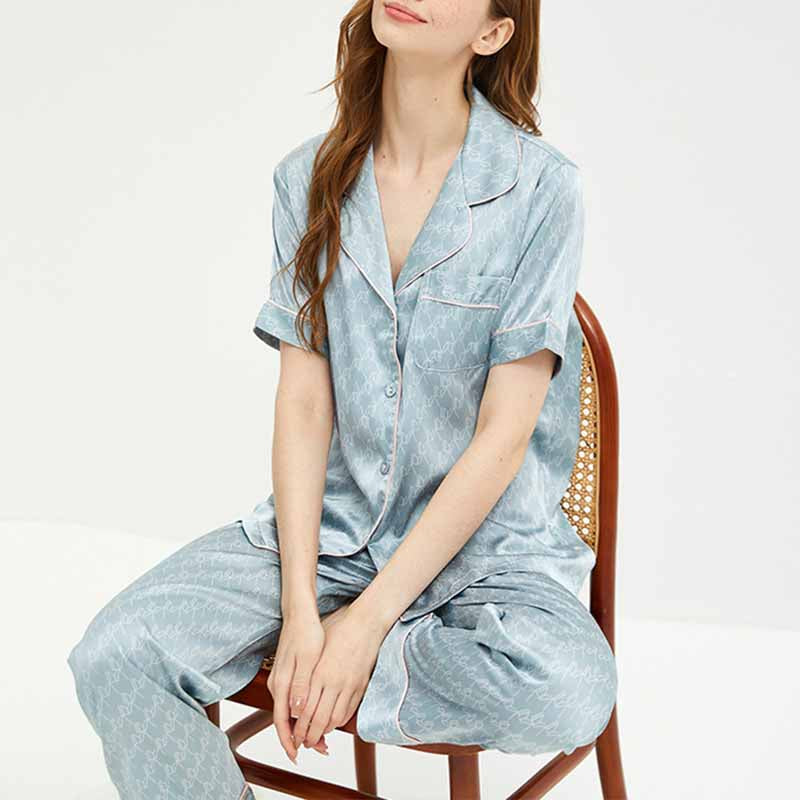 Light Blue Satin Short Sleeves Pajama Set