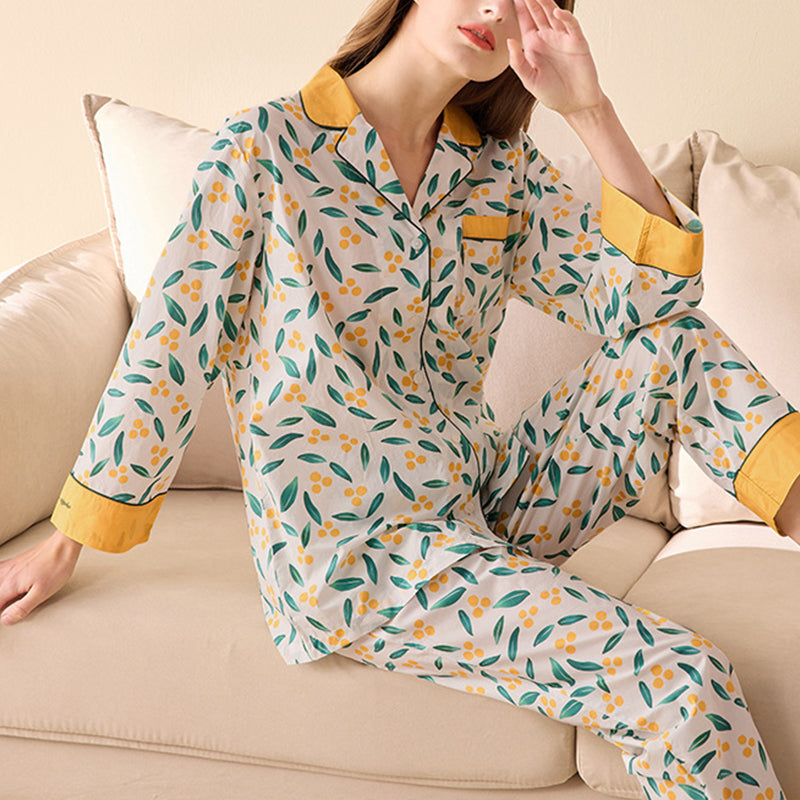 Leaves Printed Trimmed Pajama Set